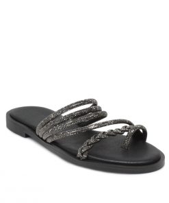 Flats Σανδάλια με Strass και Memory Foam Μαύρα Χειροποίητα Jianni di k 102-FL-MR